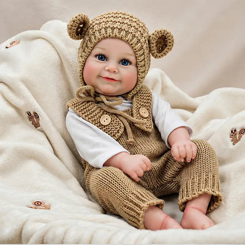 Blue-eyed reborn baby doll in a caramel knit bear hat and matching overalls, sitting on a cream blanket.