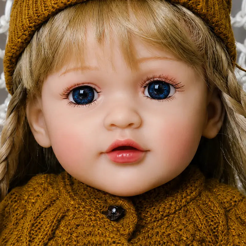 Realistic reborn toddler doll with long soft-looking hair, braided details, and a charming knitted winter hat.