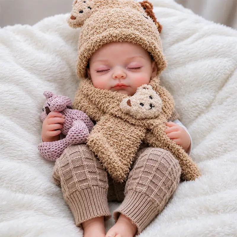 Lifelike sleeping reborn baby doll dressed in a cozy brown knit outfit, cuddling a teddy bear on a soft cream blanket.
