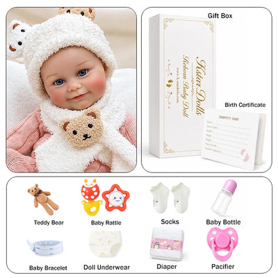 Soft vinyl reborn doll with lifelike facial details and carefully styled knit clothing.