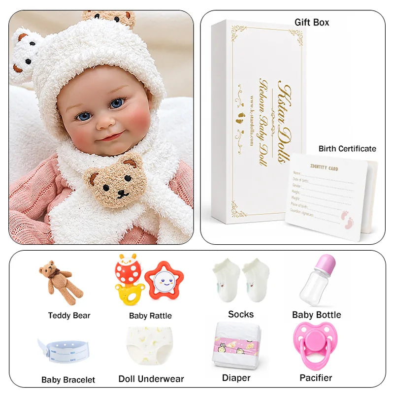 Soft vinyl reborn doll with lifelike facial details and carefully styled knit clothing.