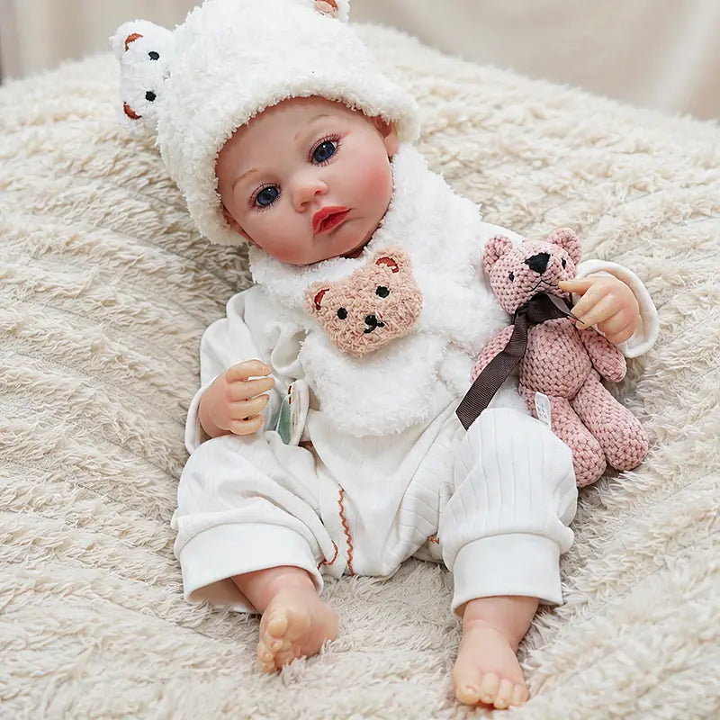Soft White Doll Outfit with Bear-Ear Hat and Matching Teddy Scarf