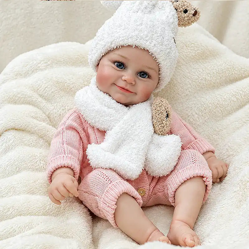 Bear-themed reborn doll in a pink outfit, ready for make-believe story time.