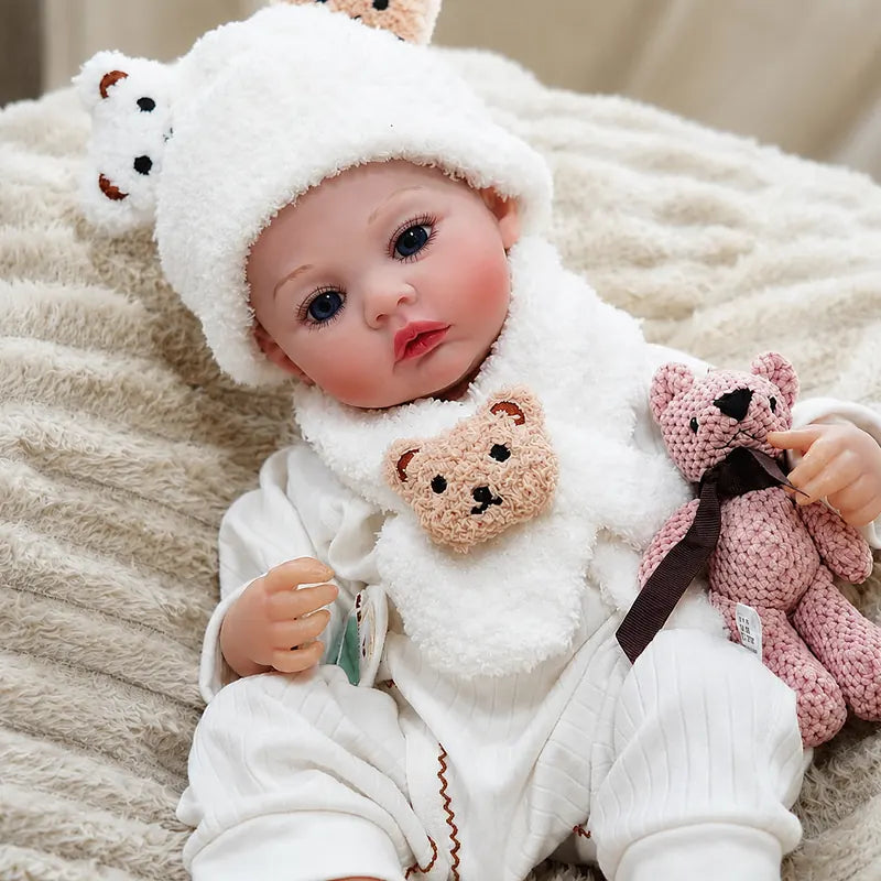 Reborn Doll Outfit with Fluffy Bear Hat, Matching Scarf and White Trousers