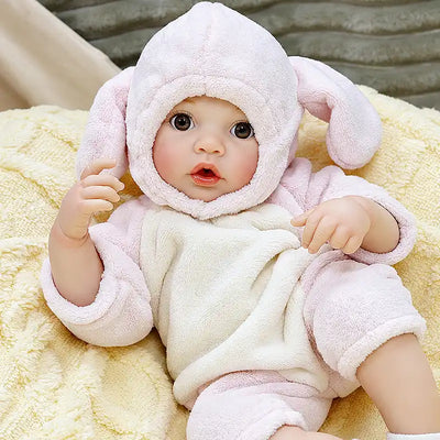 Ella offers a fun caregiving experience with her realistic baby look, expressive eyes, tiny hands, and adorable bunny clothing, ideal for children ages 3+.