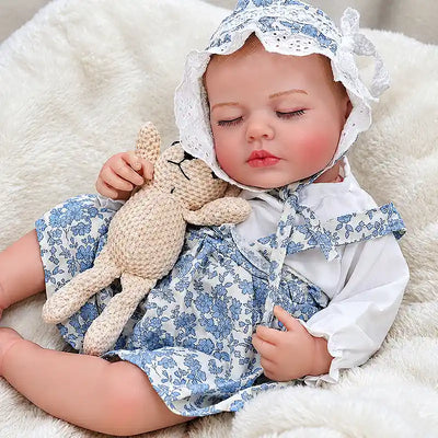 Blue Floral Sleeping Reborn Baby Doll with Teddy Bear
