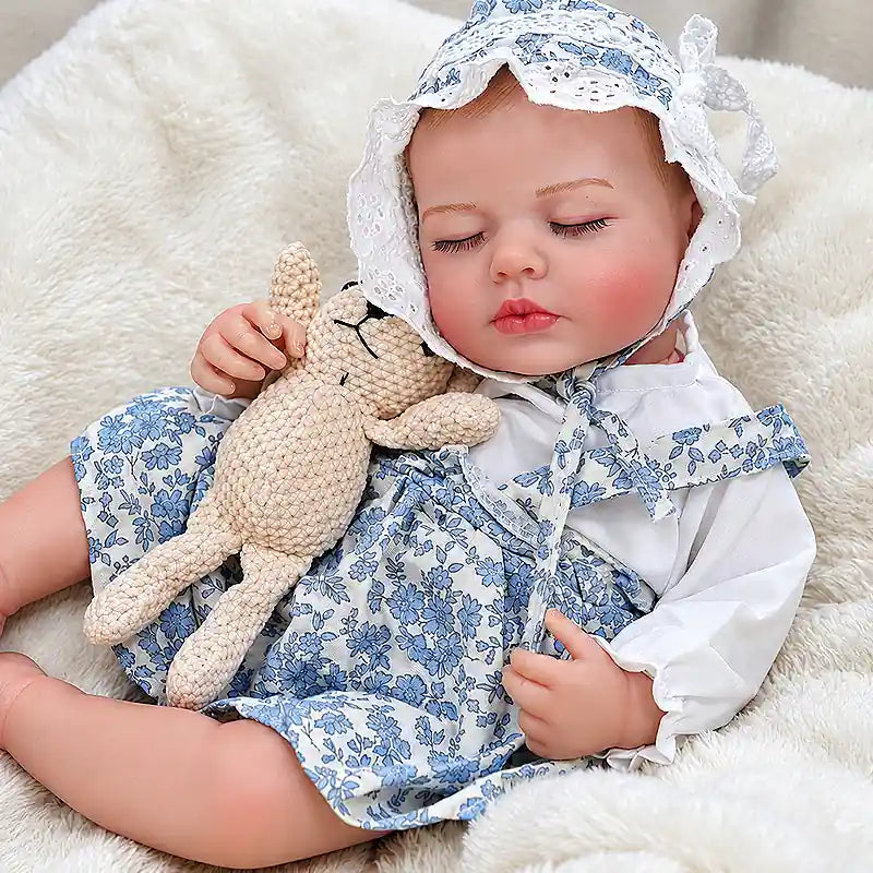 Blue Floral Sleeping Reborn Baby Doll with Teddy Bear