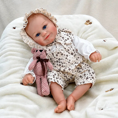 Smiling baby doll in a floral romper for imaginative dress-up play.