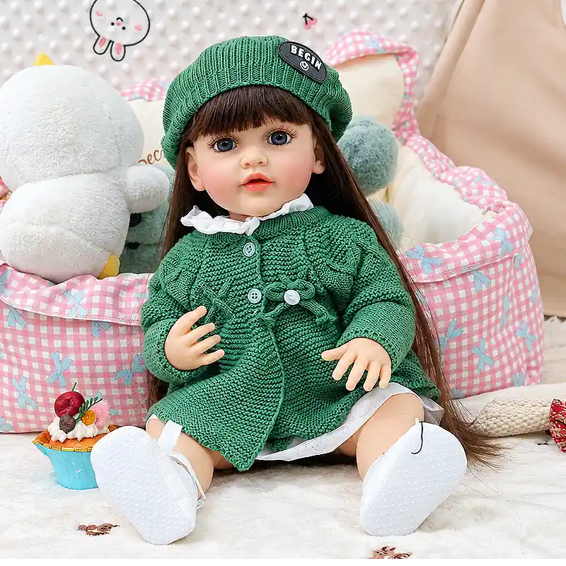 Charming collectible doll Amelia with lifelike eyes, glossy lips, long brown hair, a cozy green beret, and handcrafted knitwear, perfect for display, photography, birthdays, and Christmas gifts.