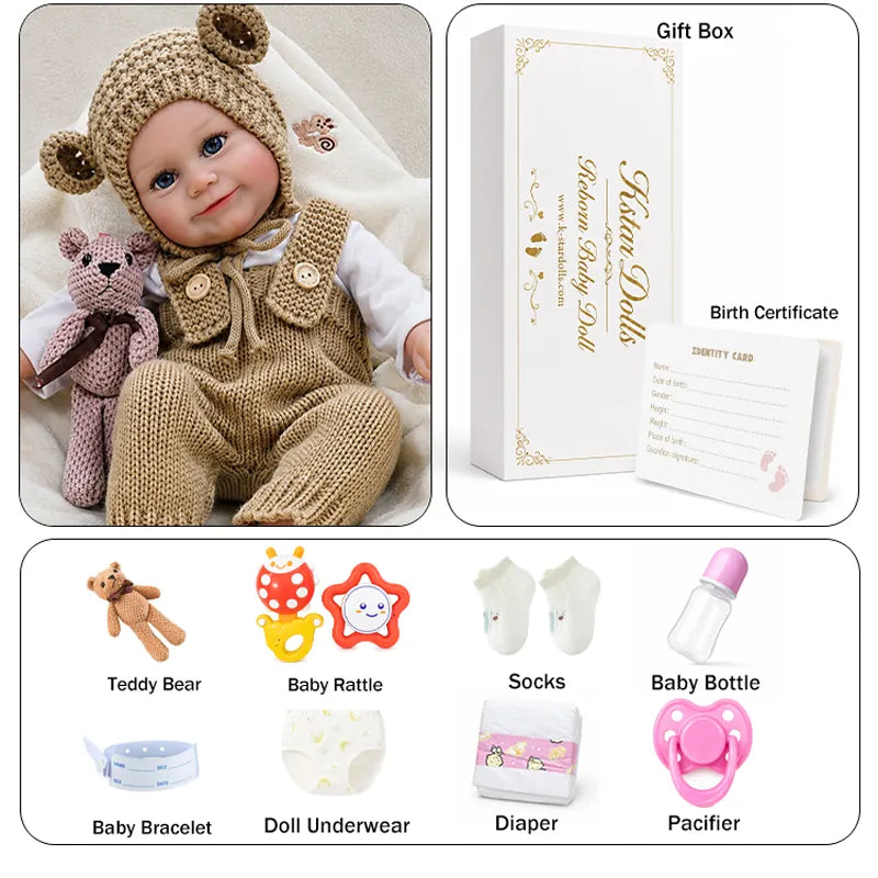 Bear-themed reborn doll dressed for pretend play, with a friendly smile and cozy knit outfit.