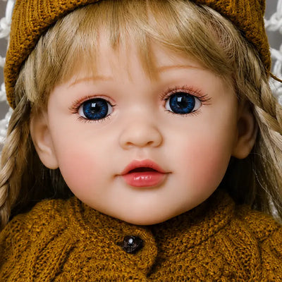 Realistic reborn toddler doll with long soft-looking hair, braided details, and a charming knitted winter hat.